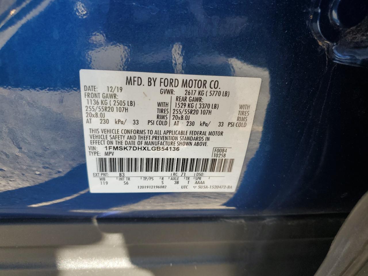 2020 Ford Explorer Xlt VIN: 1FMSK7DHXLGB54136 Lot: 84026835