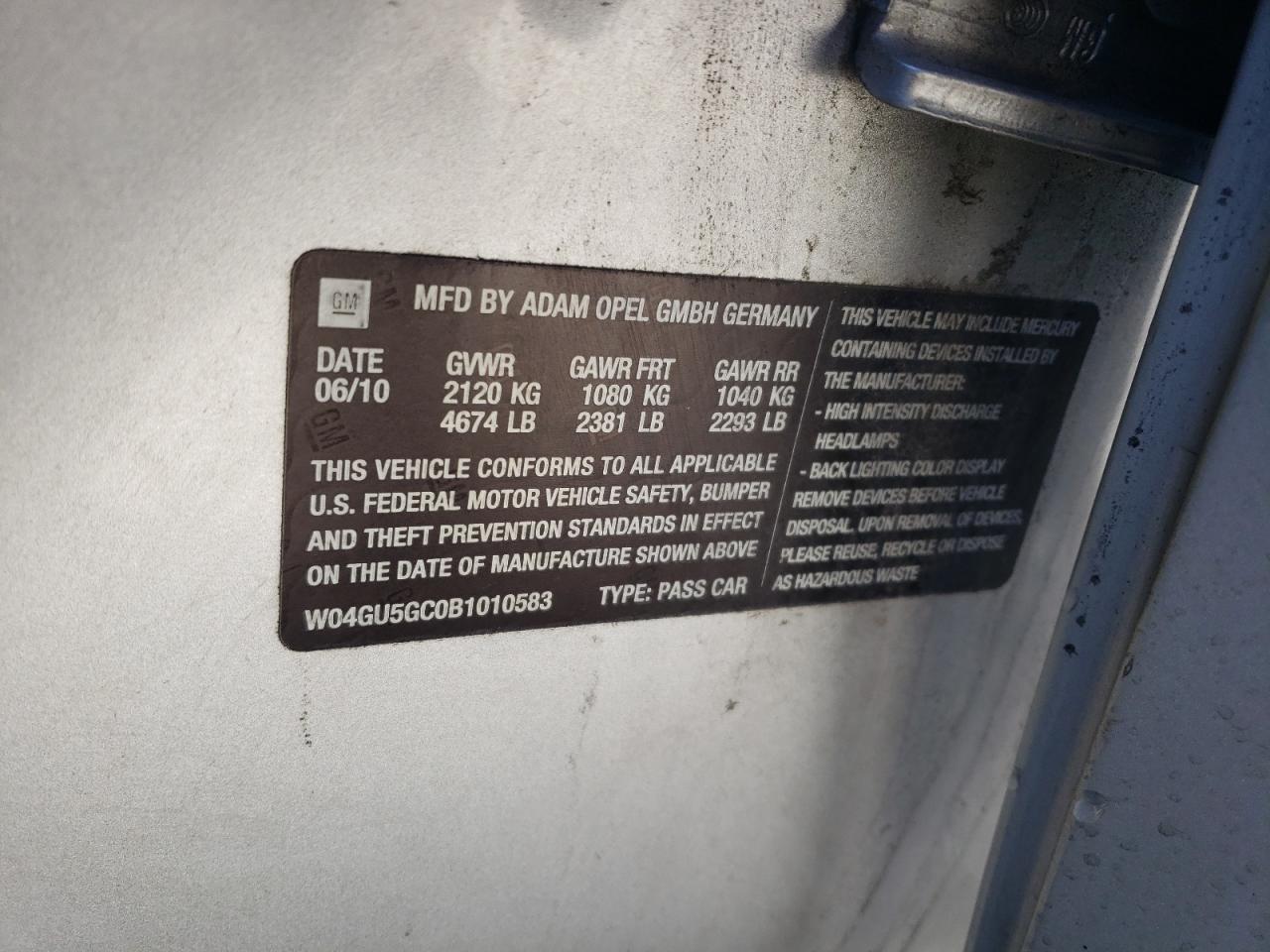 2011 Buick Regal Cxl VIN: W04GU5GC0B1010583 Lot: 84364535