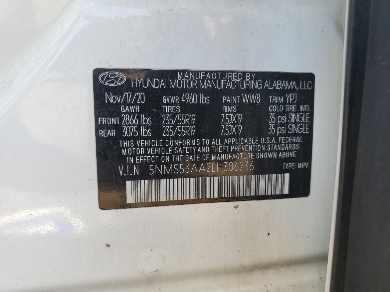 2020 Hyundai Santa Fe Limited VIN: 5NMS53AA2LH306236 Lot: 84645465