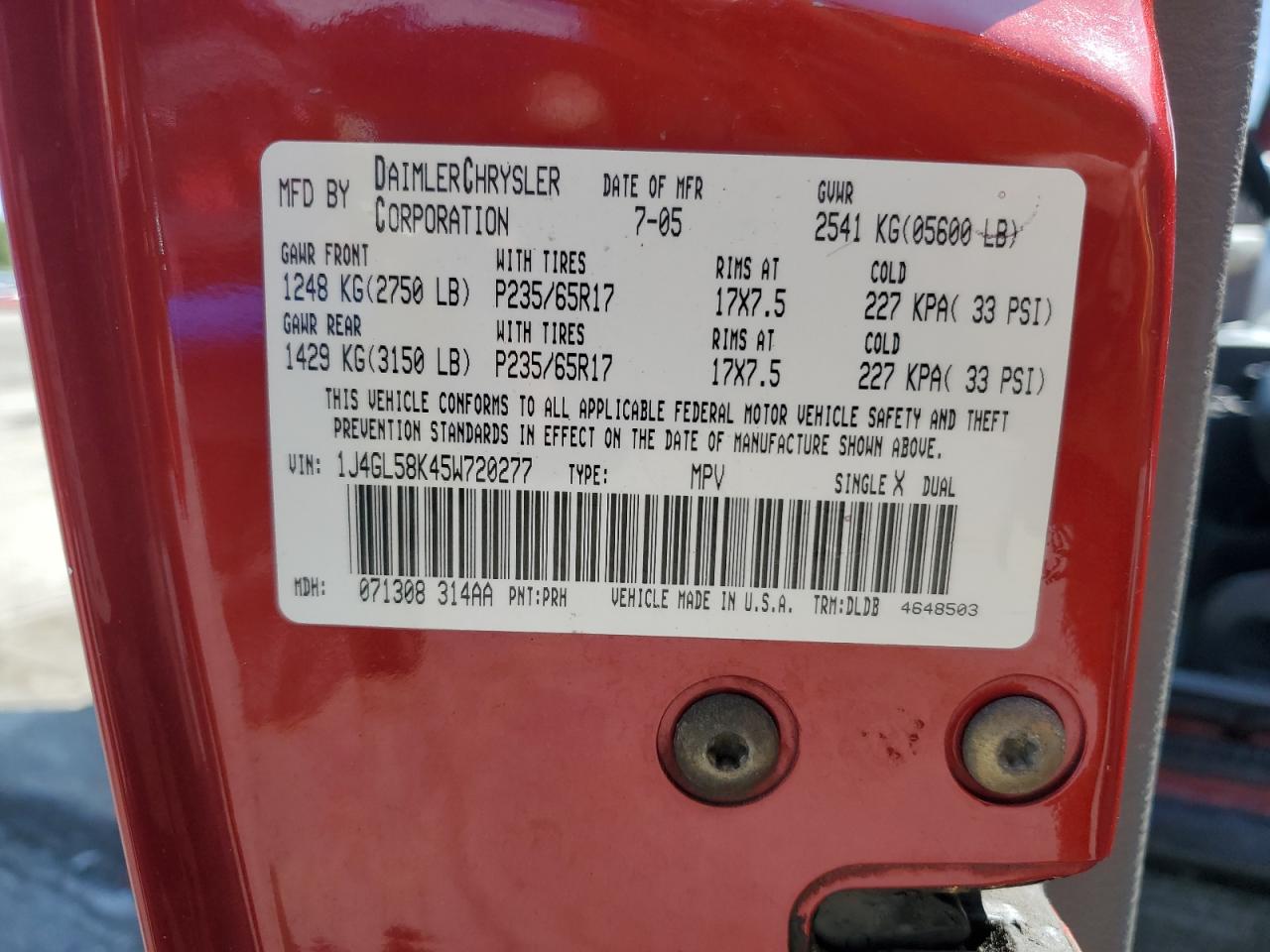 2005 Jeep Liberty Limited VIN: 1J4GL58K45W720277 Lot: 71956945