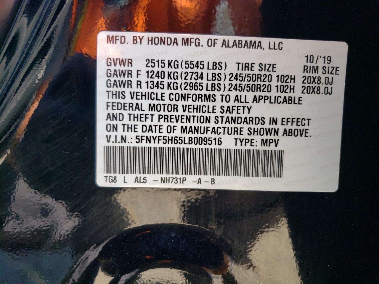 2020 Honda Pilot Touring VIN: 5FNYF5H65LB009516 Lot: 81001735