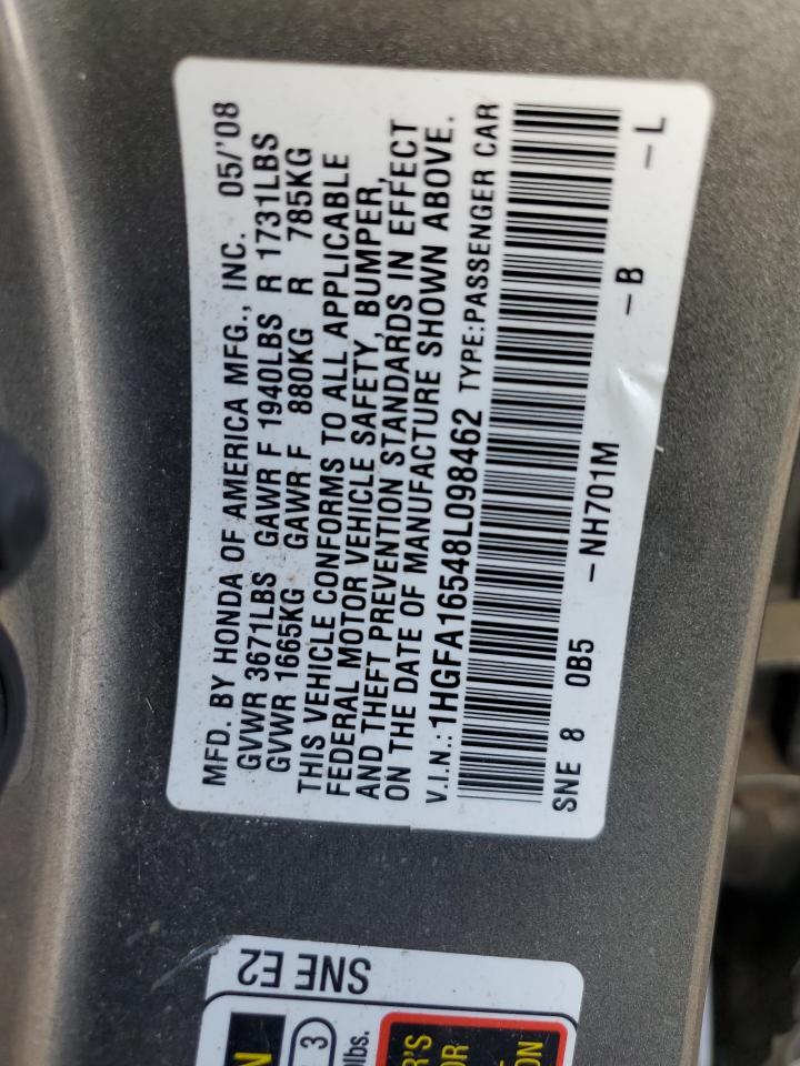 2008 Honda Civic Lx VIN: 1HGFA16548L098462 Lot: 81690185