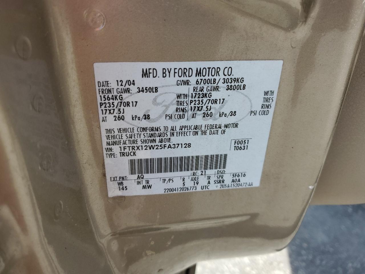 2005 Ford F150 VIN: 1FTRX12W25FA37128 Lot: 71256075