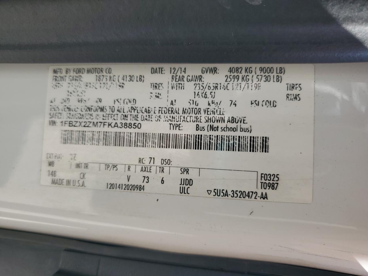 2015 Ford Transit T-350 VIN: 1FBZX2ZM7FKA38850 Lot: 81315275