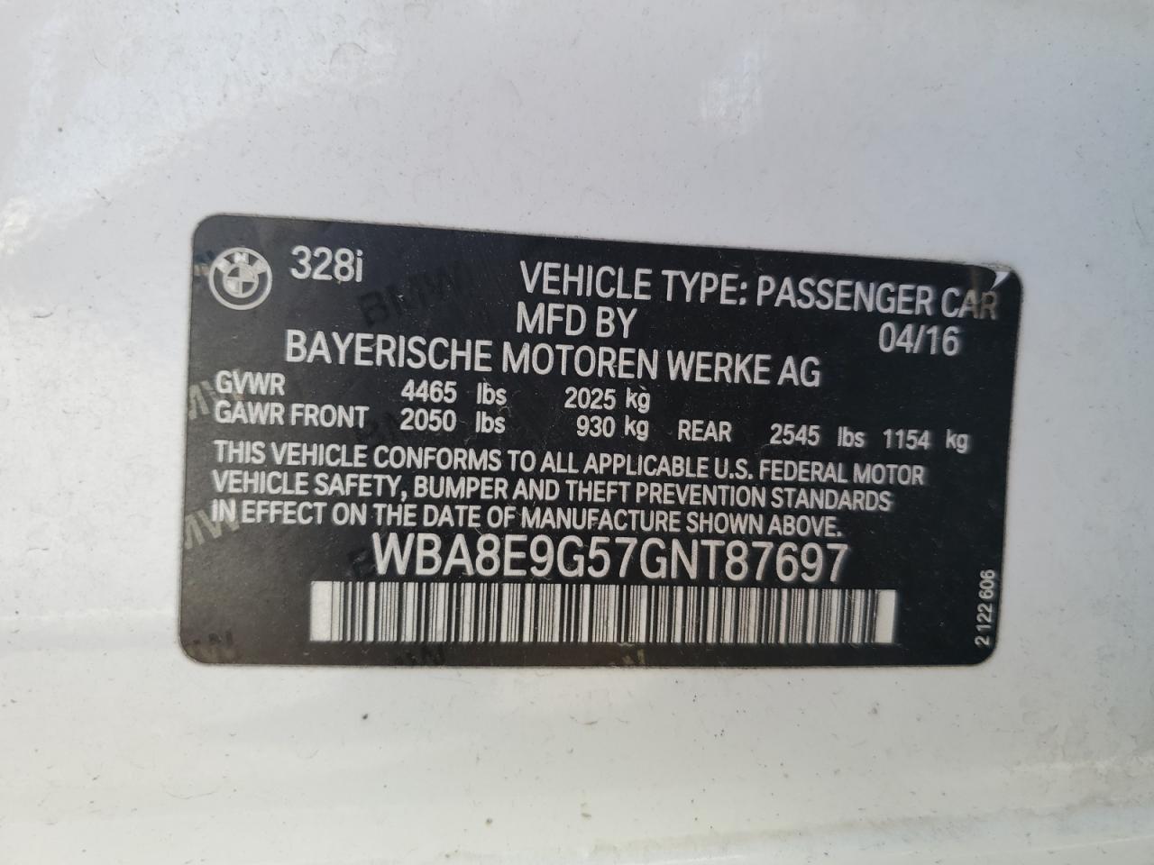 2016 BMW 328 I Sulev VIN: WBA8E9G57GNT87697 Lot: 81734465