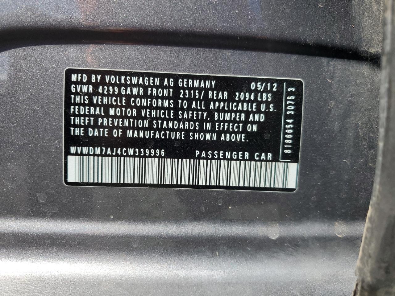 2012 Volkswagen Golf VIN: WVWDM7AJ4CW339996 Lot: 81712845