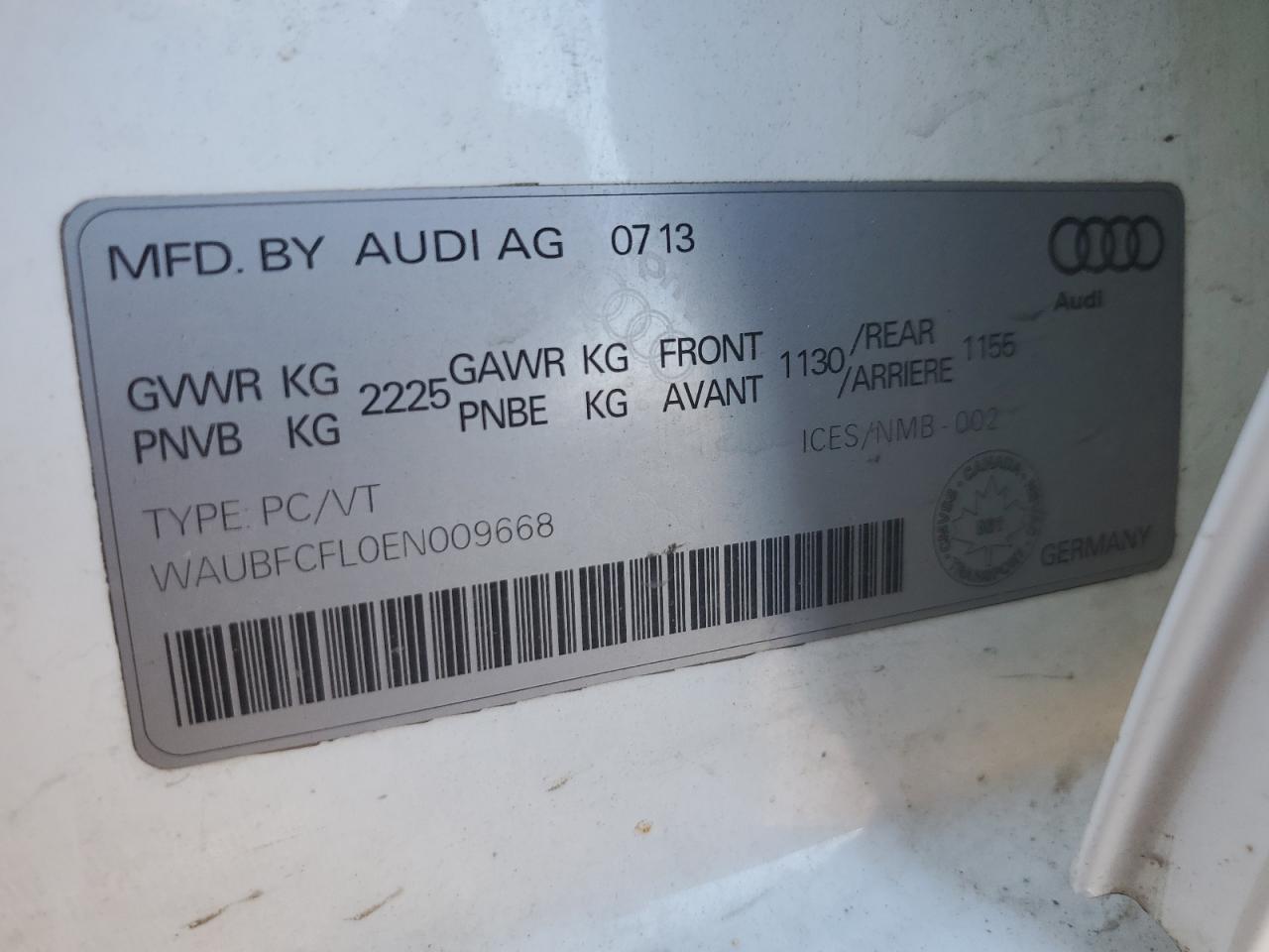 2014 Audi A4 Premium VIN: WAUBFCFL0EN009668 Lot: 84556555