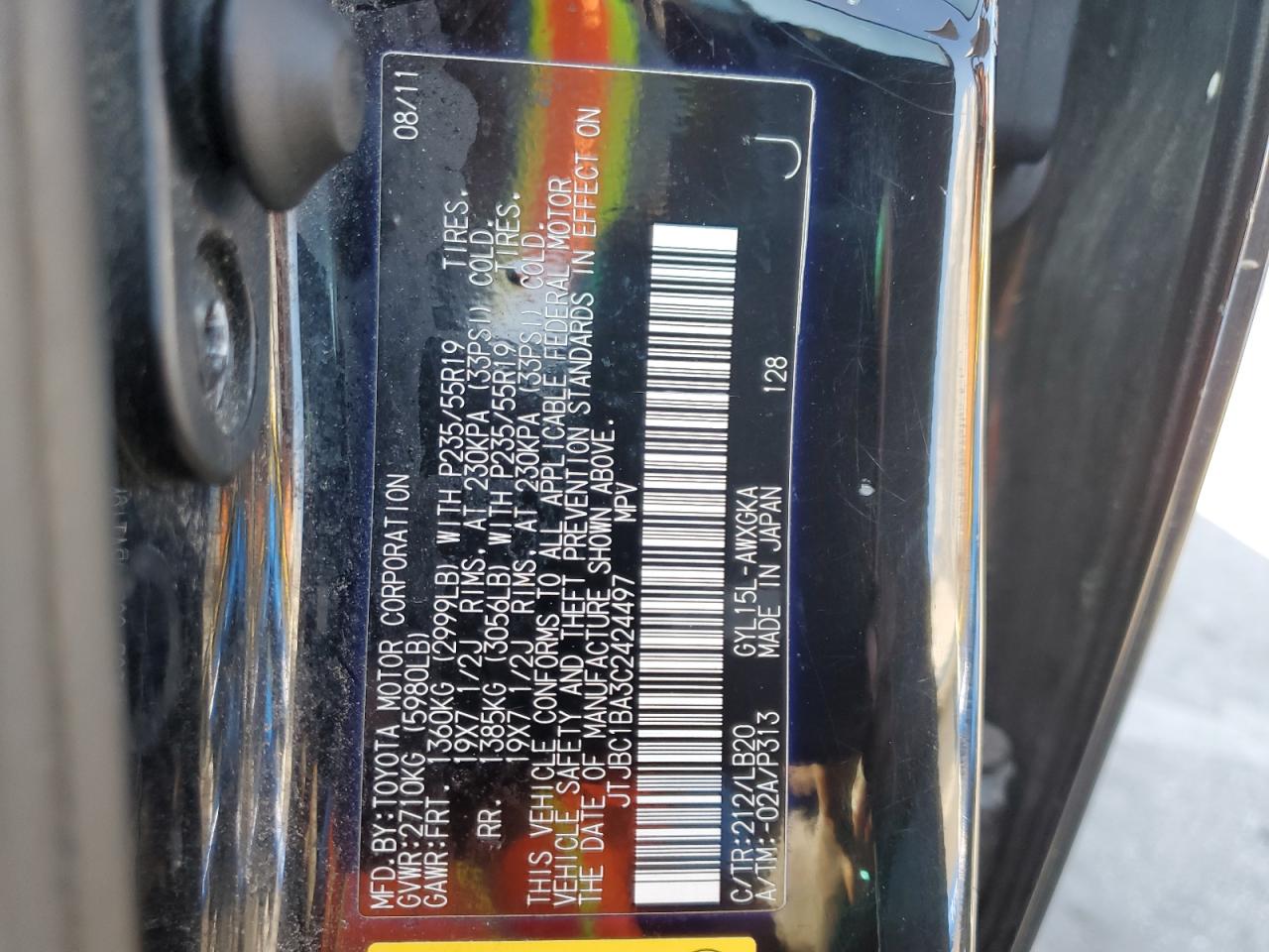 2012 Lexus Rx 450H VIN: JTJBC1BA3C2424497 Lot: 80832285