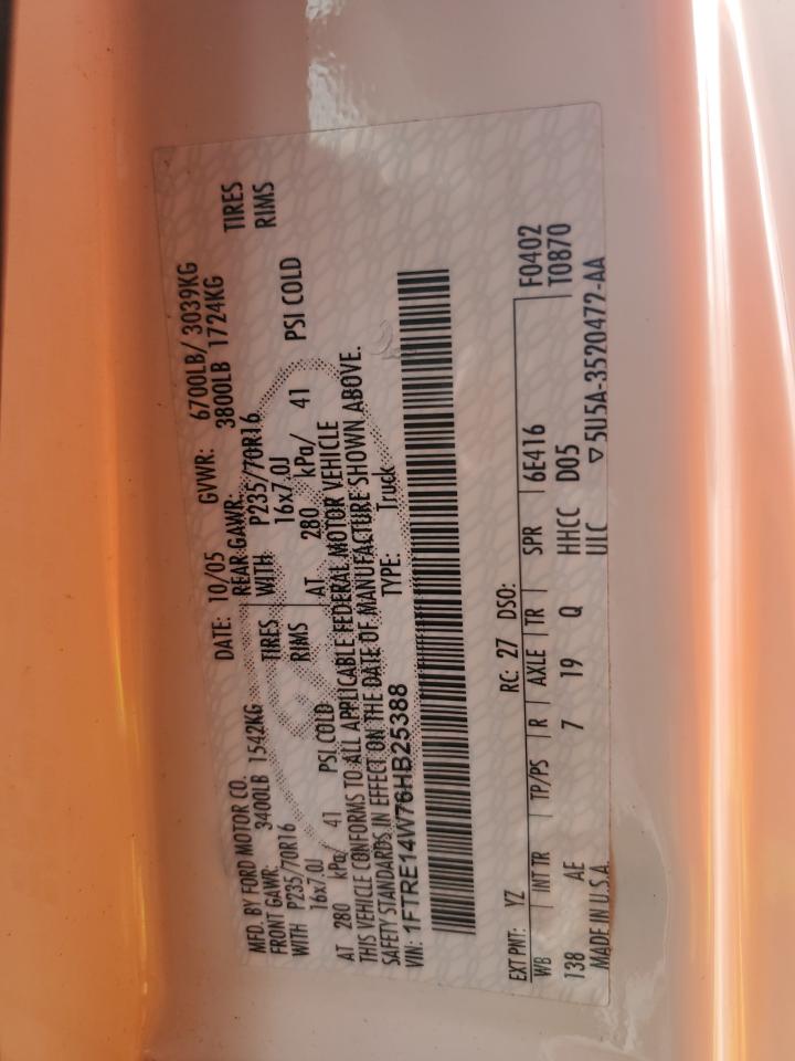 2006 Ford Econoline E150 Van VIN: 1FTRE14W76HB25388 Lot: 70822925