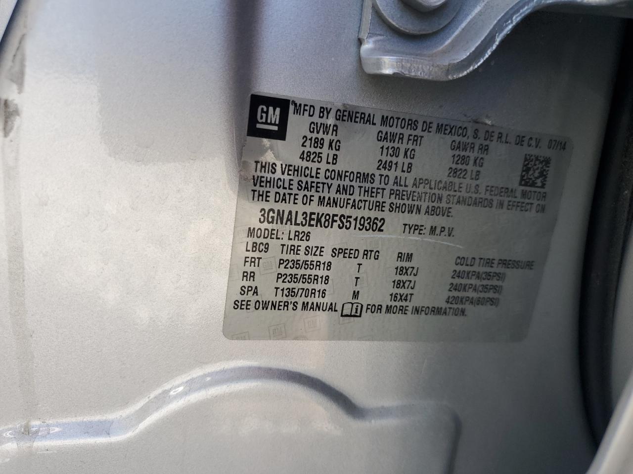 2015 Chevrolet Captiva Lt VIN: 3GNAL3EK8FS519362 Lot: 84267945