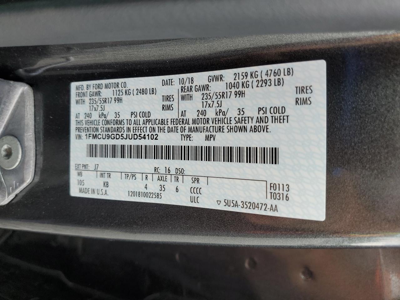 2018 Ford Escape Se VIN: 1FMCU9GD5JUD54102 Lot: 80091605