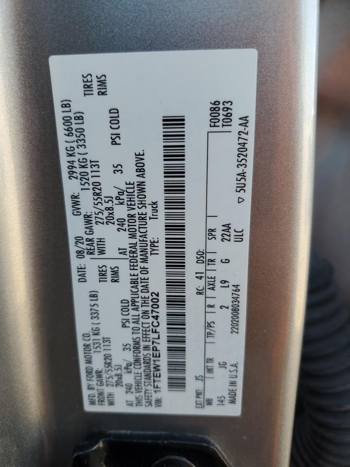 2020 Ford F150 Supercrew VIN: 1FTEW1EP7LFC47002 Lot: 81408585