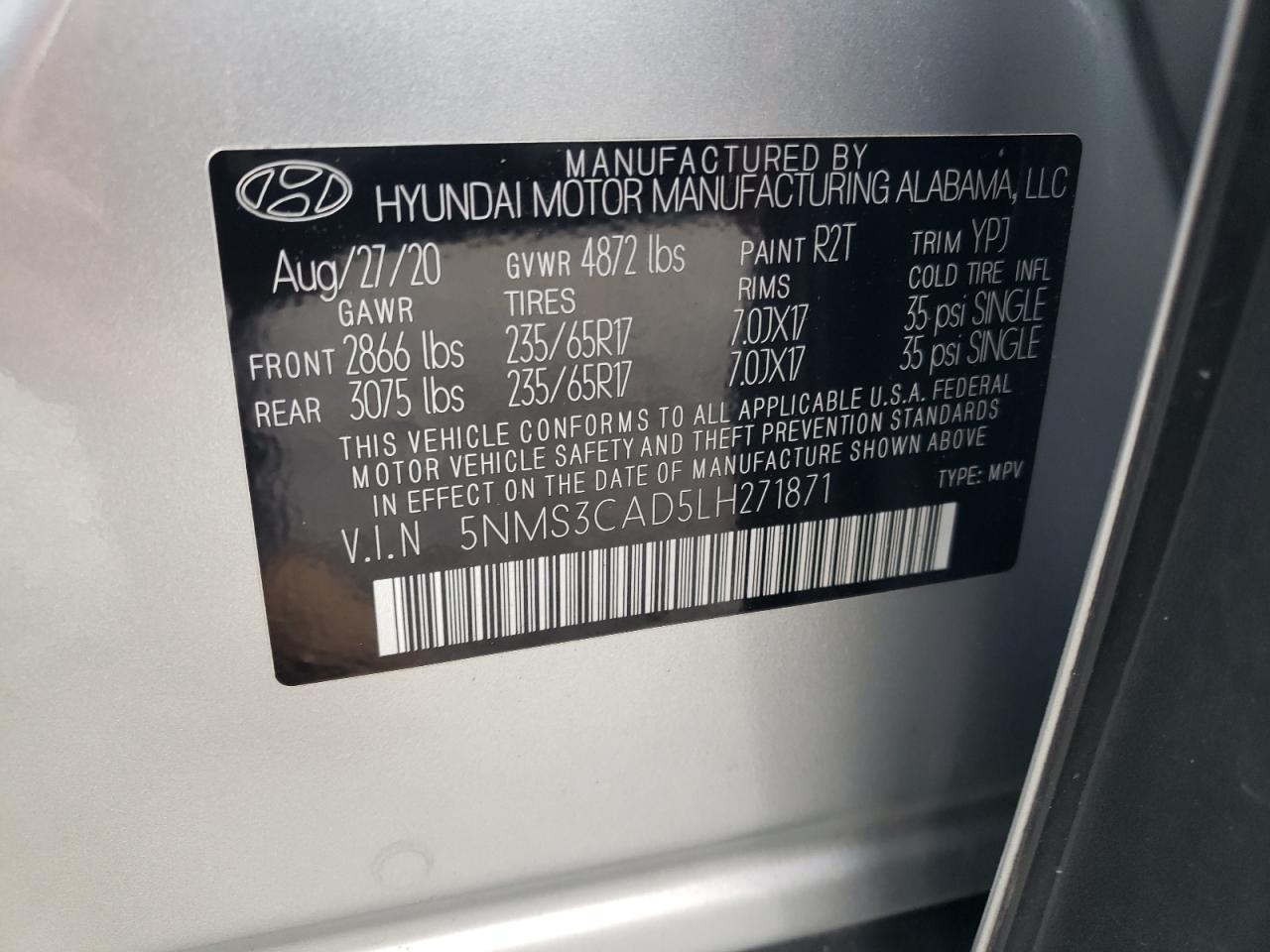 2020 Hyundai Santa Fe Sel VIN: 5NMS3CAD5LH271871 Lot: 71810445