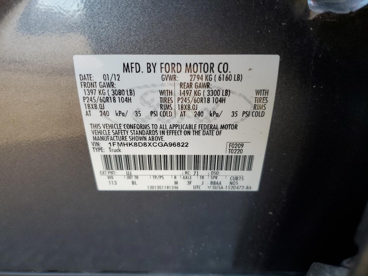 2012 Ford Explorer Xlt VIN: 1FMHK8D8XCGA96822 Lot: 84452925