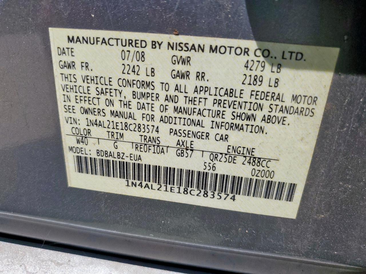 2008 Nissan Altima 2.5 VIN: 1N4AL21E18C283574 Lot: 71299285