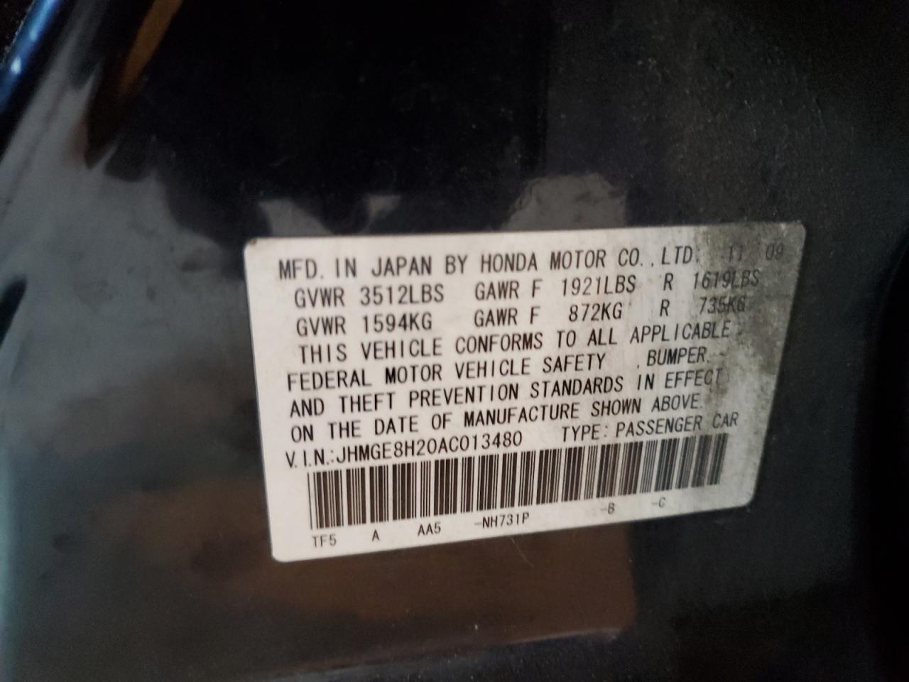 2010 Honda Fit VIN: JHMGE8H20AC013480 Lot: 80693275