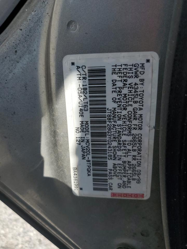 2000 Lexus Es 300 VIN: JT8BF28G3Y0243185 Lot: 80103675