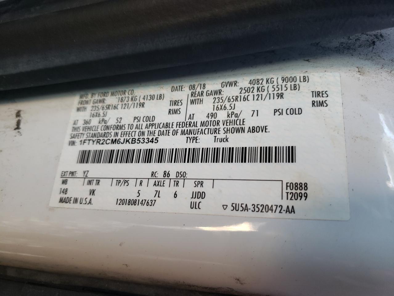 2018 Ford Transit T-250 VIN: 1FTYR2CM6JKB53345 Lot: 69030595