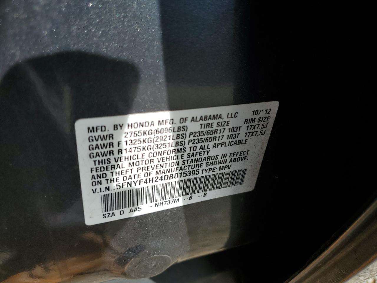 2013 Honda Pilot Lx VIN: 5FNYF4H24DB015395 Lot: 83860905