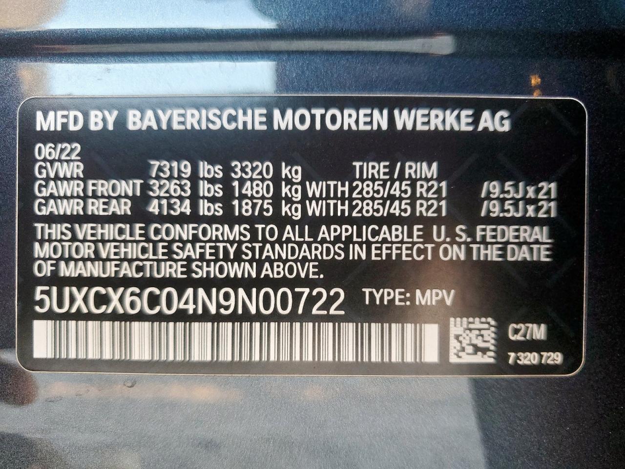 2022 BMW X7 M50I VIN: 5UXCX6C04N9N00722 Lot: 71478495