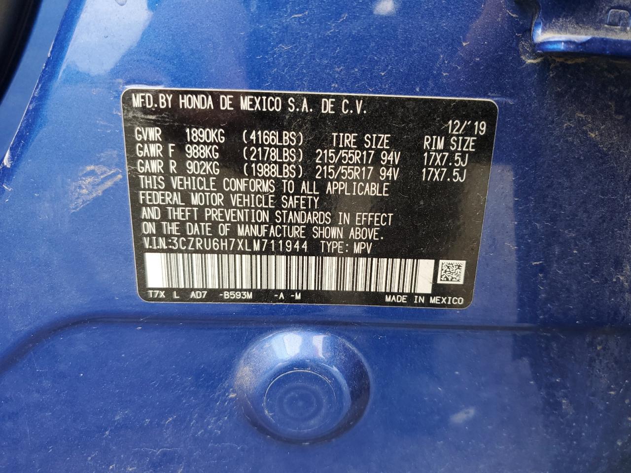 2020 Honda Hr-V Exl VIN: 3CZRU6H7XLM711944 Lot: 80375375