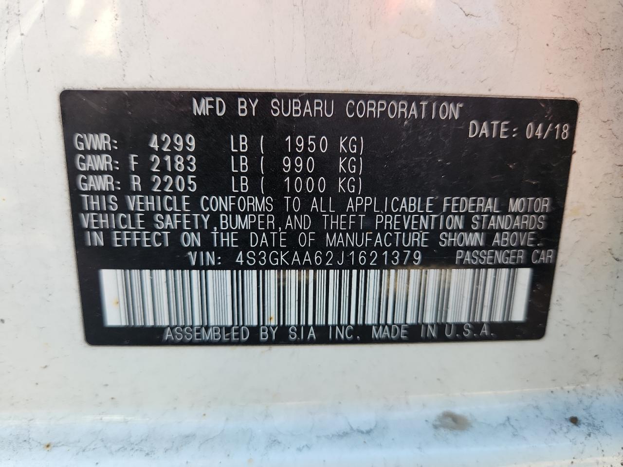 2018 Subaru Impreza VIN: 4S3GKAA62J1621379 Lot: 81337965