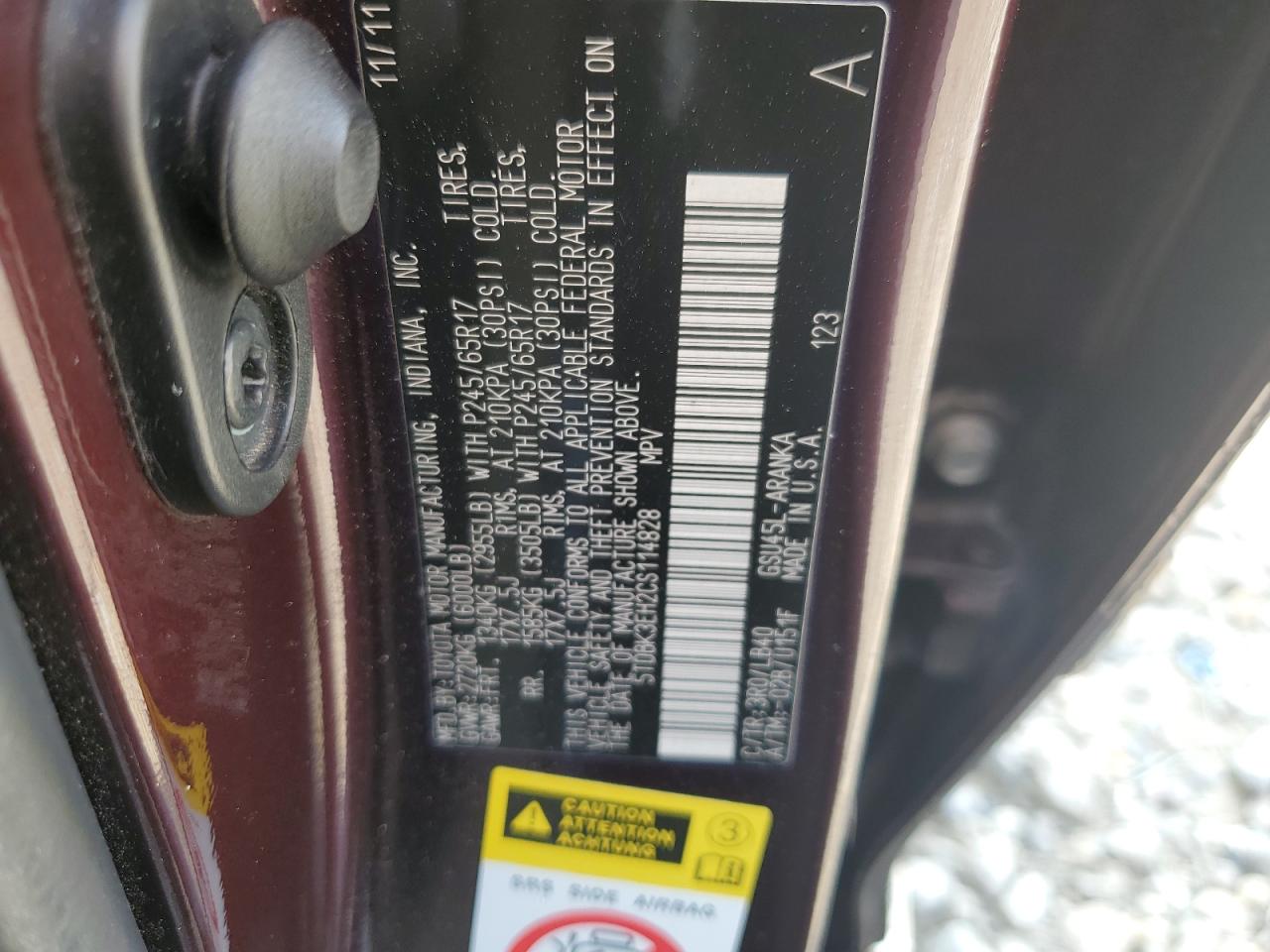 2012 Toyota Highlander Base VIN: 5TDBK3EH2CS114828 Lot: 81578935