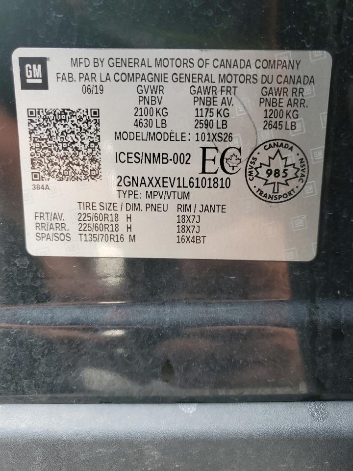 2020 Chevrolet Equinox Premier VIN: 2GNAXXEV1L6101810 Lot: 71401525