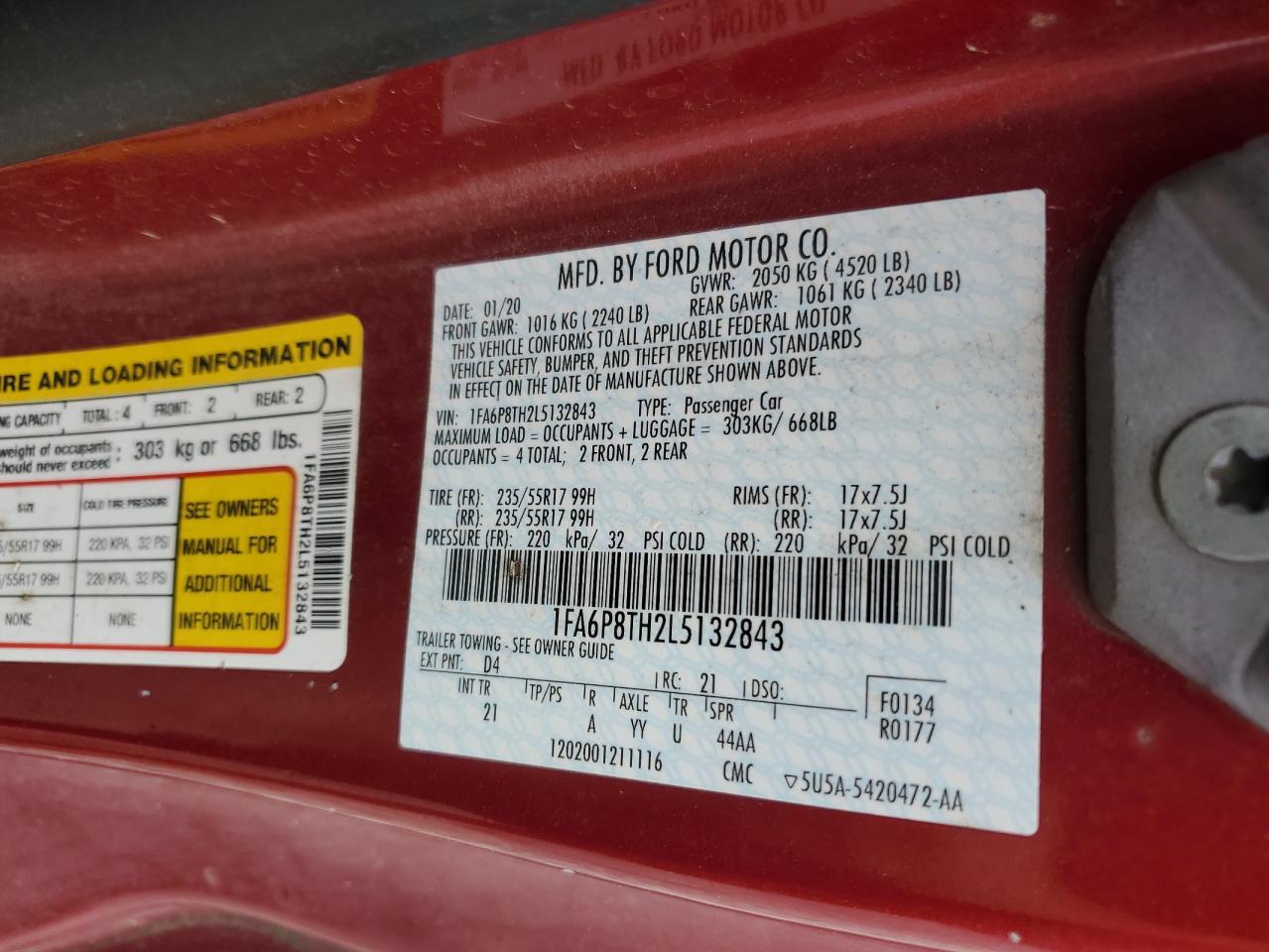 2020 Ford Mustang VIN: 1FA6P8TH2L5132843 Lot: 81847475