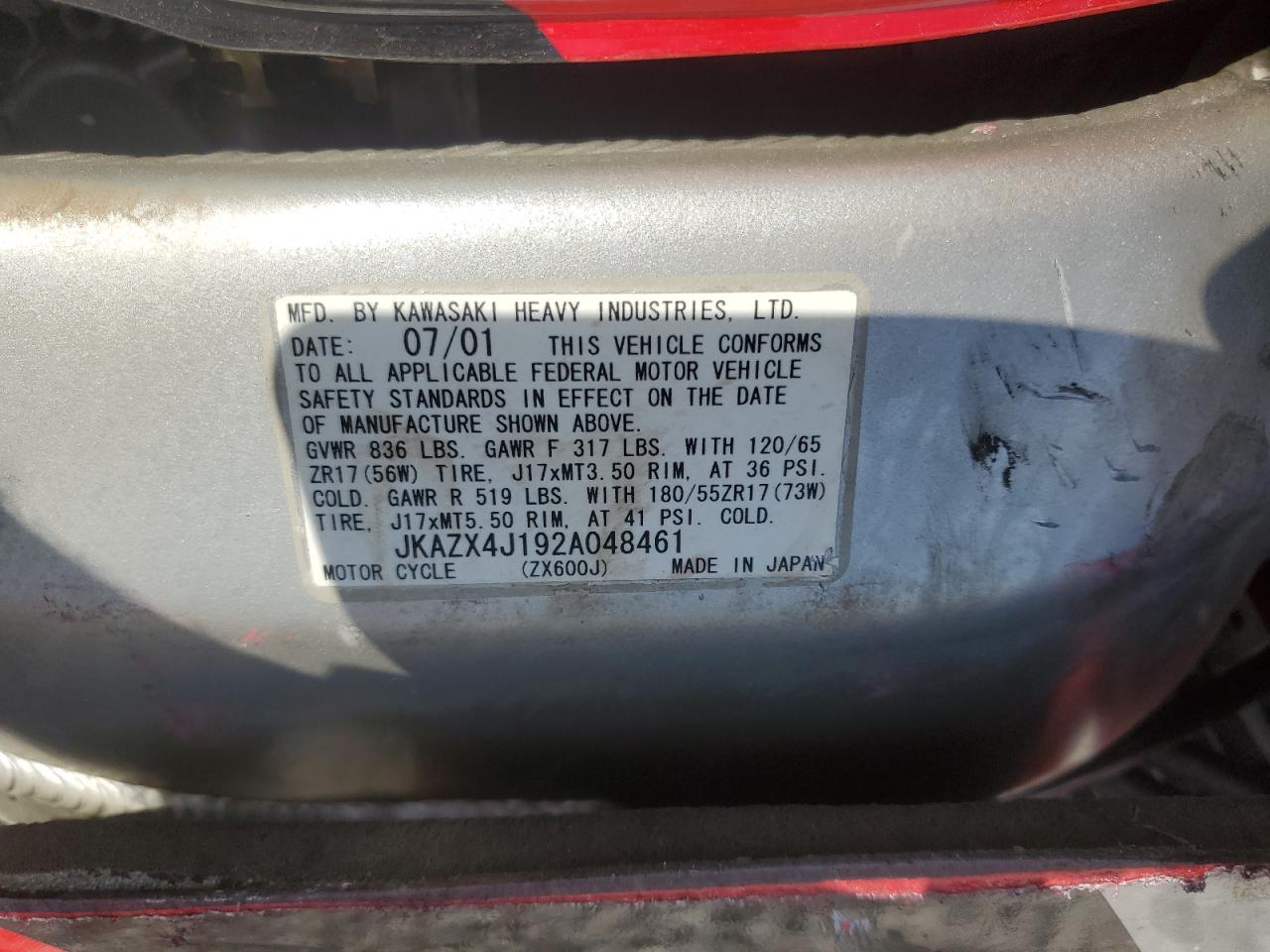 2002 Kawasaki Zx600 J1 VIN: JKAZX4J192A048461 Lot: 82153495