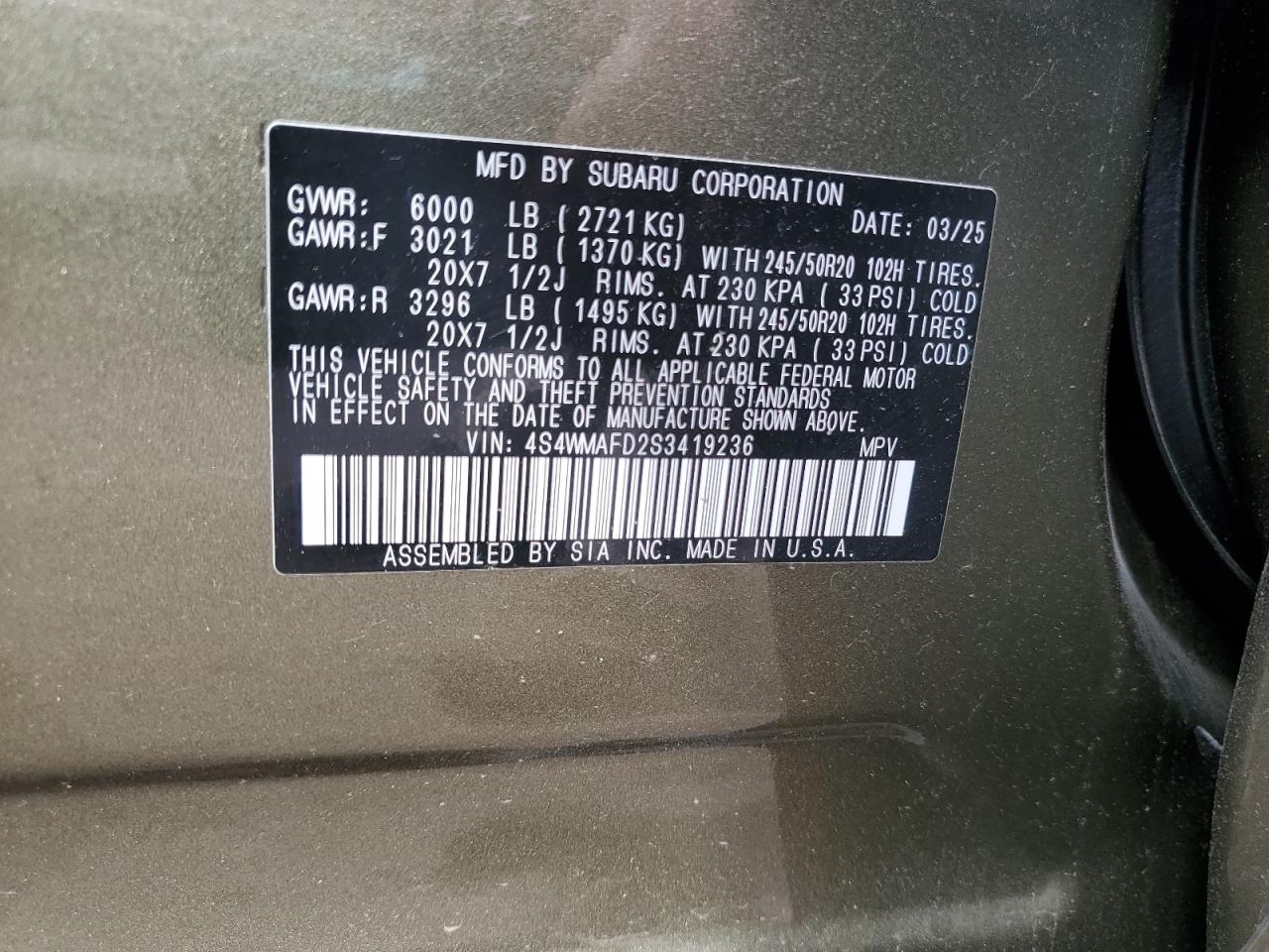 2025 Subaru Ascent Onyx Edition VIN: 4S4WMAFD2S3419236 Lot: 81632025