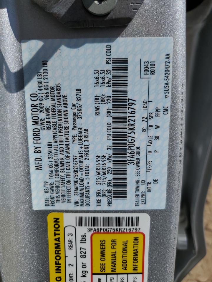 2019 Ford Fusion S VIN: 3FA6P0G75KR216797 Lot: 84703395