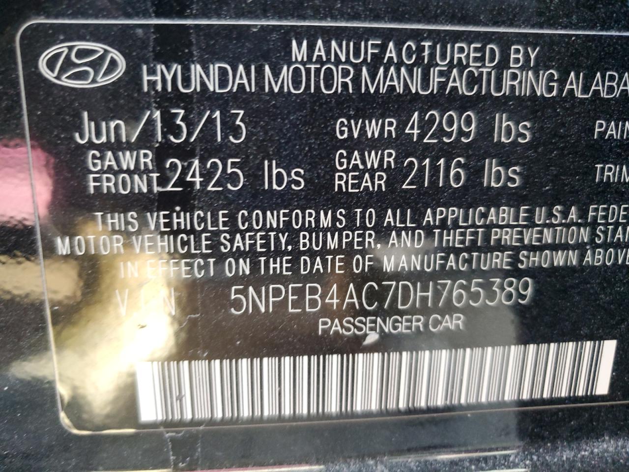 2013 Hyundai Sonata Gls VIN: 5NPEB4AC7DH765389 Lot: 72087215