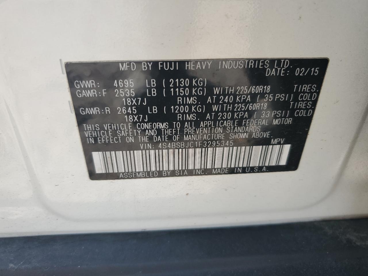 2015 Subaru Outback 2.5I Limited VIN: 4S4BSBJC1F3295345 Lot: 71309195