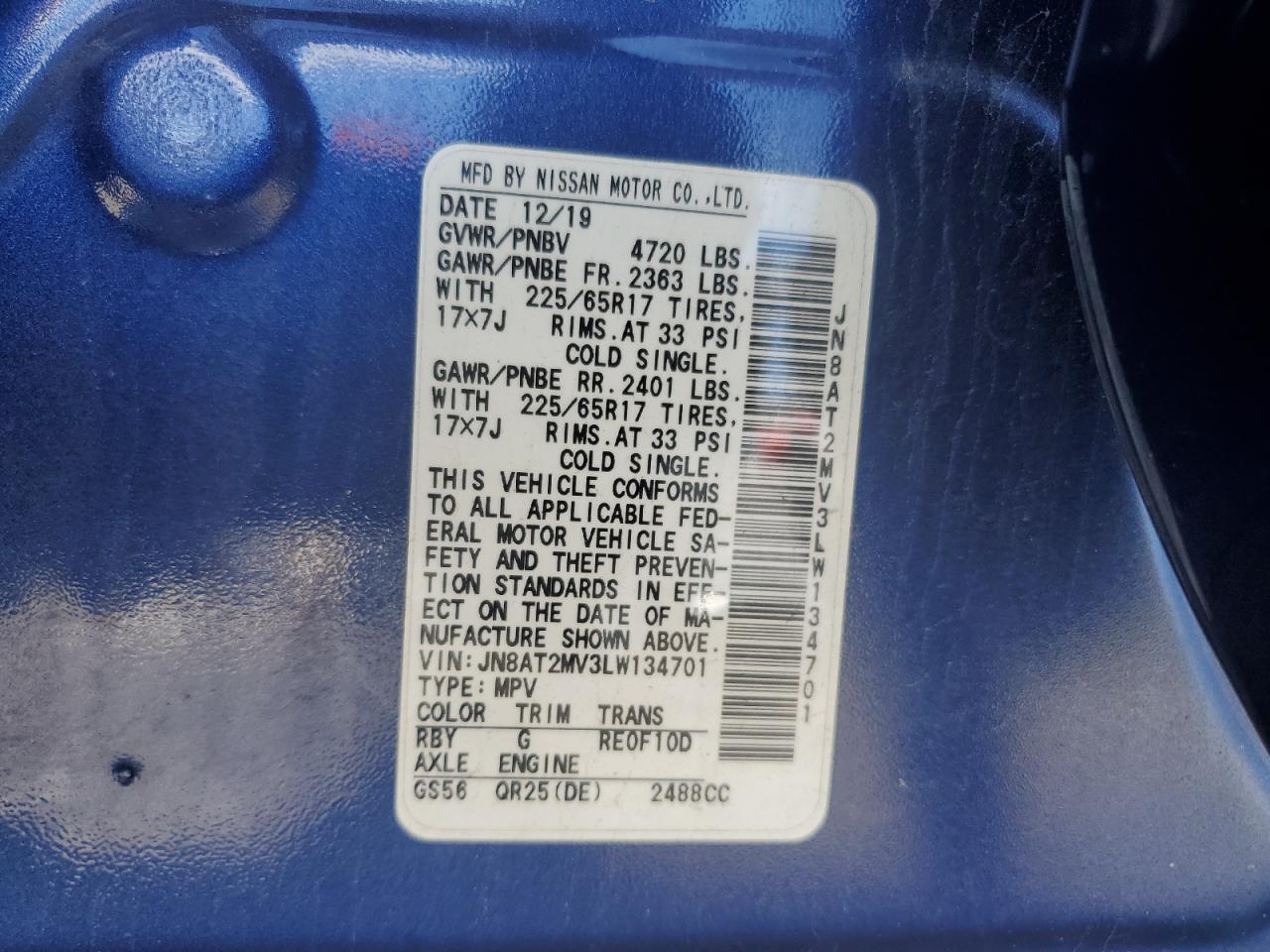 2020 Nissan Rogue S VIN: JN8AT2MV3LW134701 Lot: 80444165
