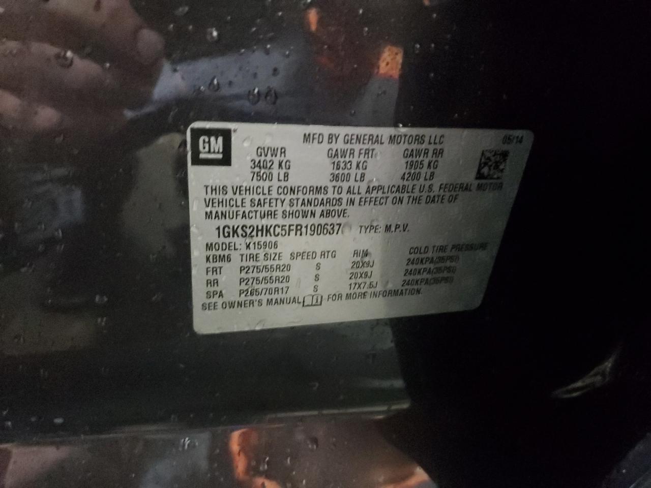 2015 GMC Yukon Xl K1500 Slt VIN: 1GKS2HKC5FR190637 Lot: 80858435