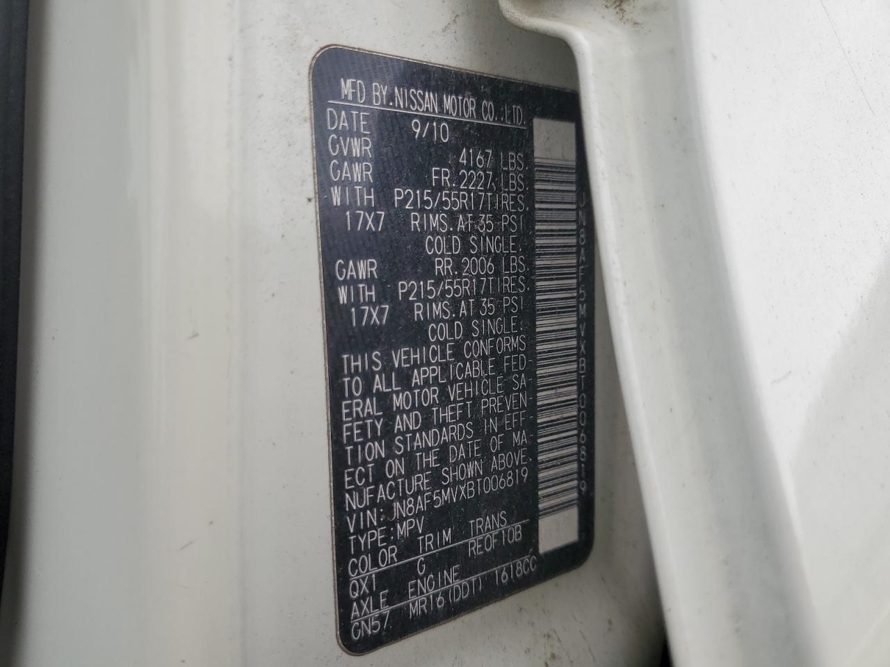 2011 Nissan Juke S VIN: JN8AF5MVXBT006819 Lot: 81606175
