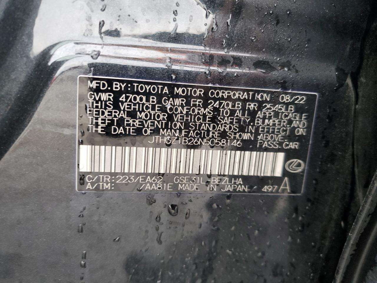 2022 Lexus Is 350 F Sport VIN: JTHGZ1B26N5058146 Lot: 82127425