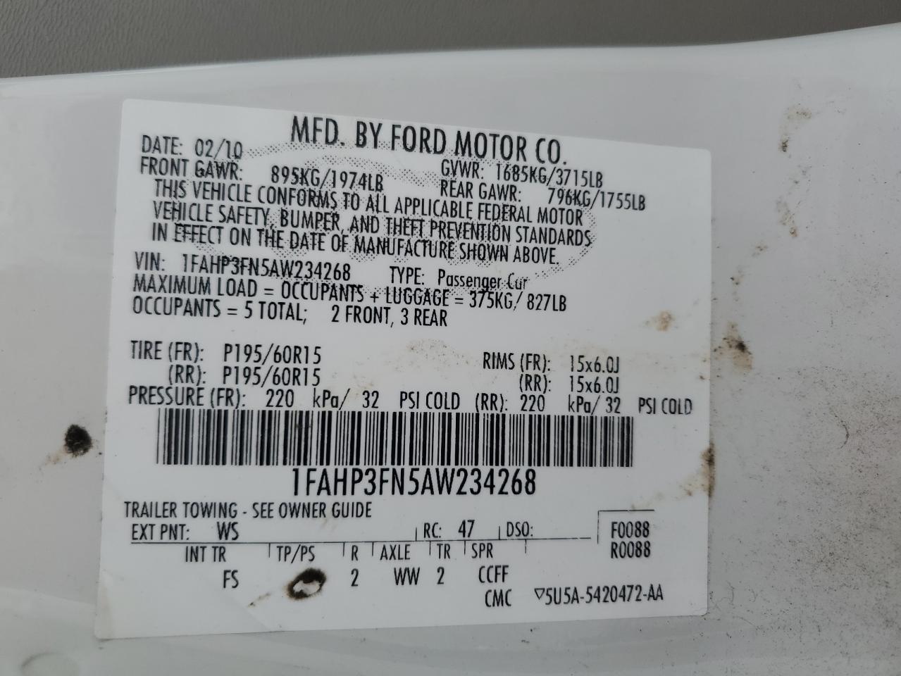 2010 Ford Focus Se VIN: 1FAHP3FN5AW234268 Lot: 71993725