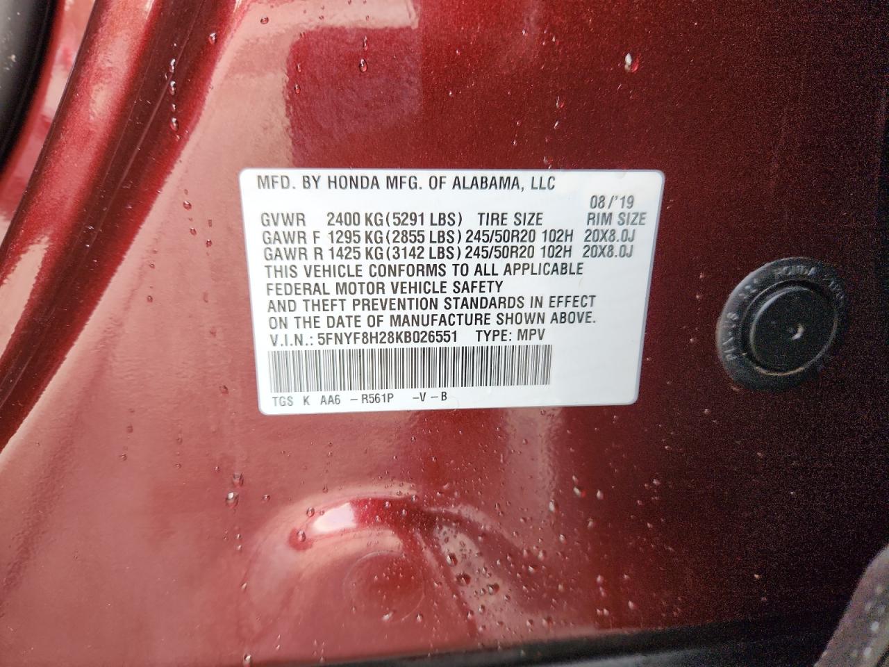 2019 Honda Passport Sport VIN: 5FNYF8H28KB026551 Lot: 81005655