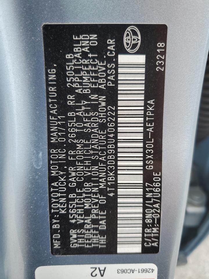 2011 Toyota Avalon Base VIN: 4T1BK3DB9BU406222 Lot: 80399195