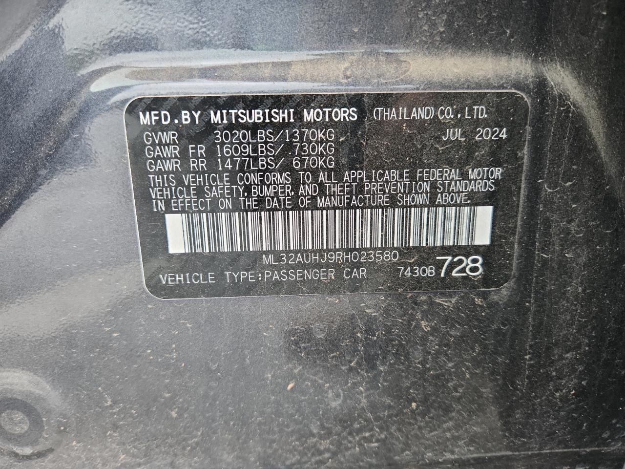 2024 Mitsubishi Mirage Es VIN: ML32AUHJ9RH023580 Lot: 81504535