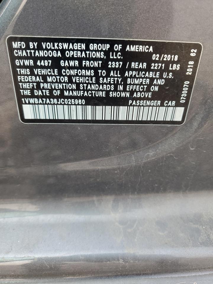 2018 Volkswagen Passat Se VIN: 1VWBA7A36JC025960 Lot: 71423885