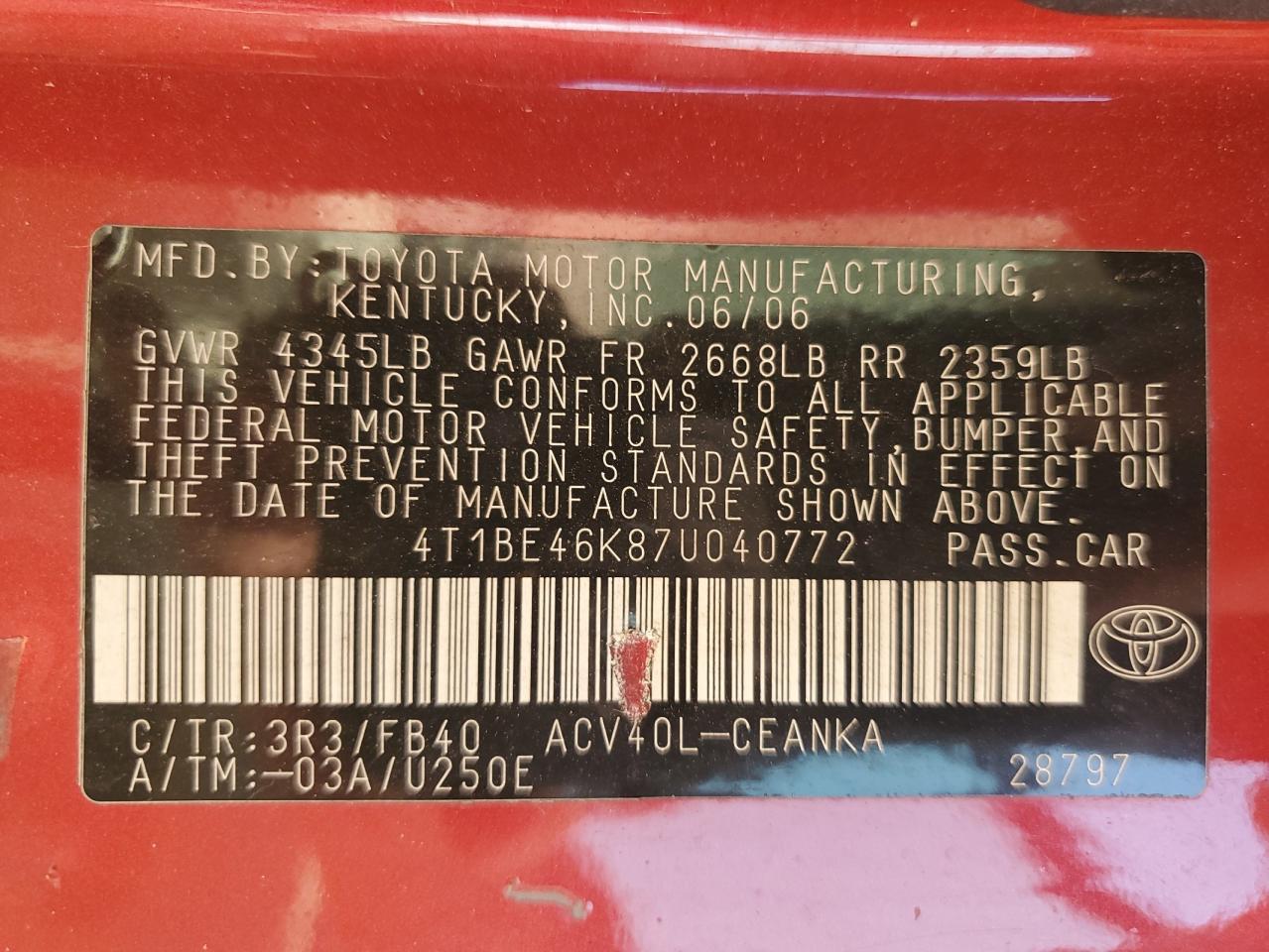 2007 Toyota Camry Ce VIN: 4T1BE46K87U040772 Lot: 84440435