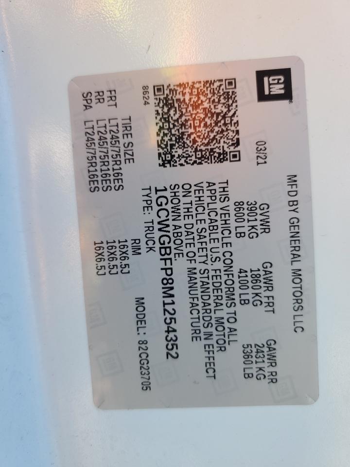 2021 Chevrolet Express G2500 VIN: 1GCWGBFP8M1254352 Lot: 84227005