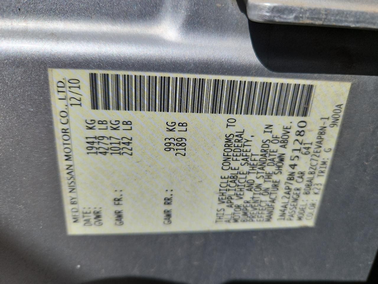 2011 Nissan Altima Base VIN: 1N4AL2AP7BN451280 Lot: 82071425