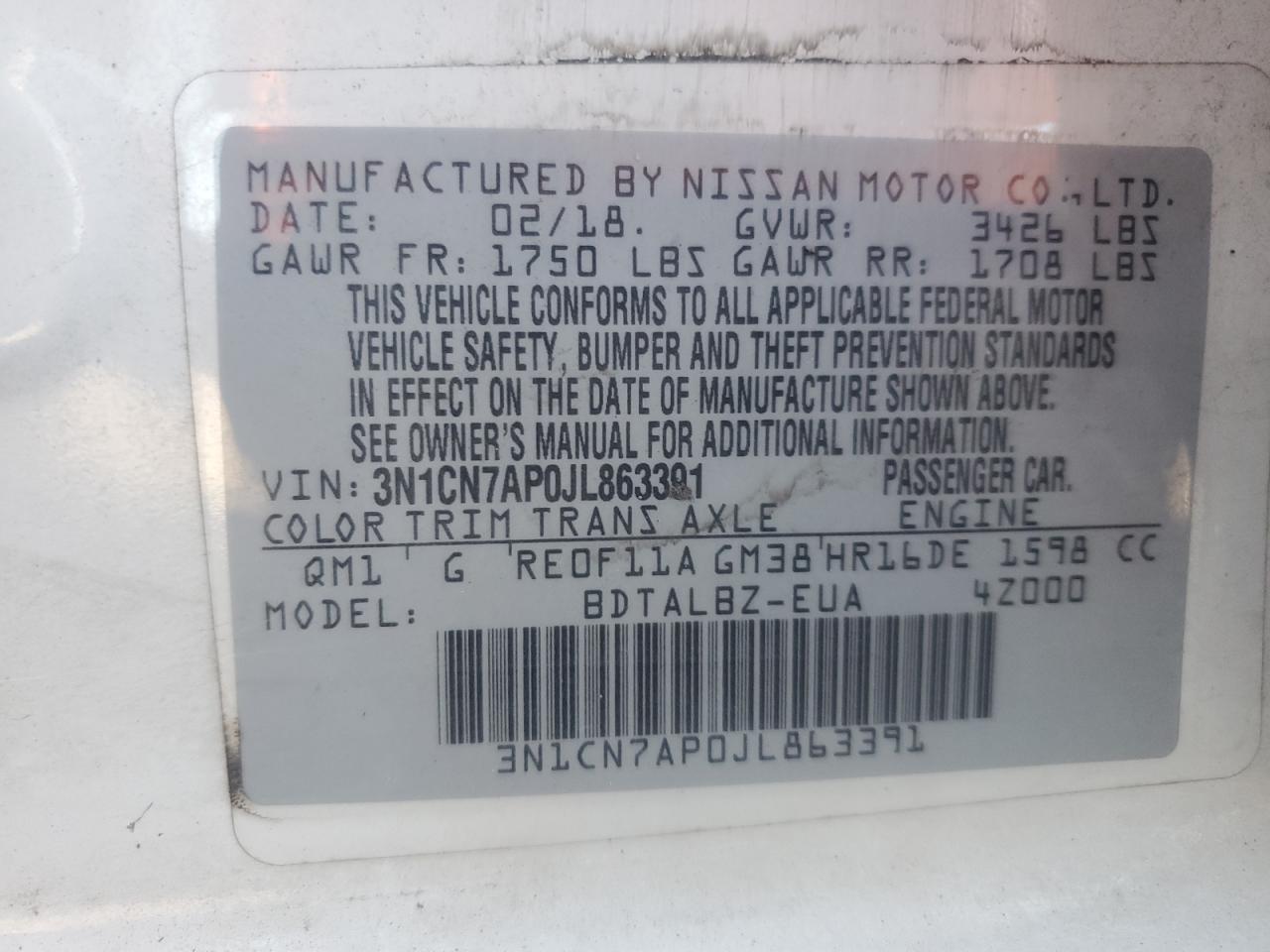 2018 Nissan Versa S VIN: 3N1CN7AP0JL863391 Lot: 84382605