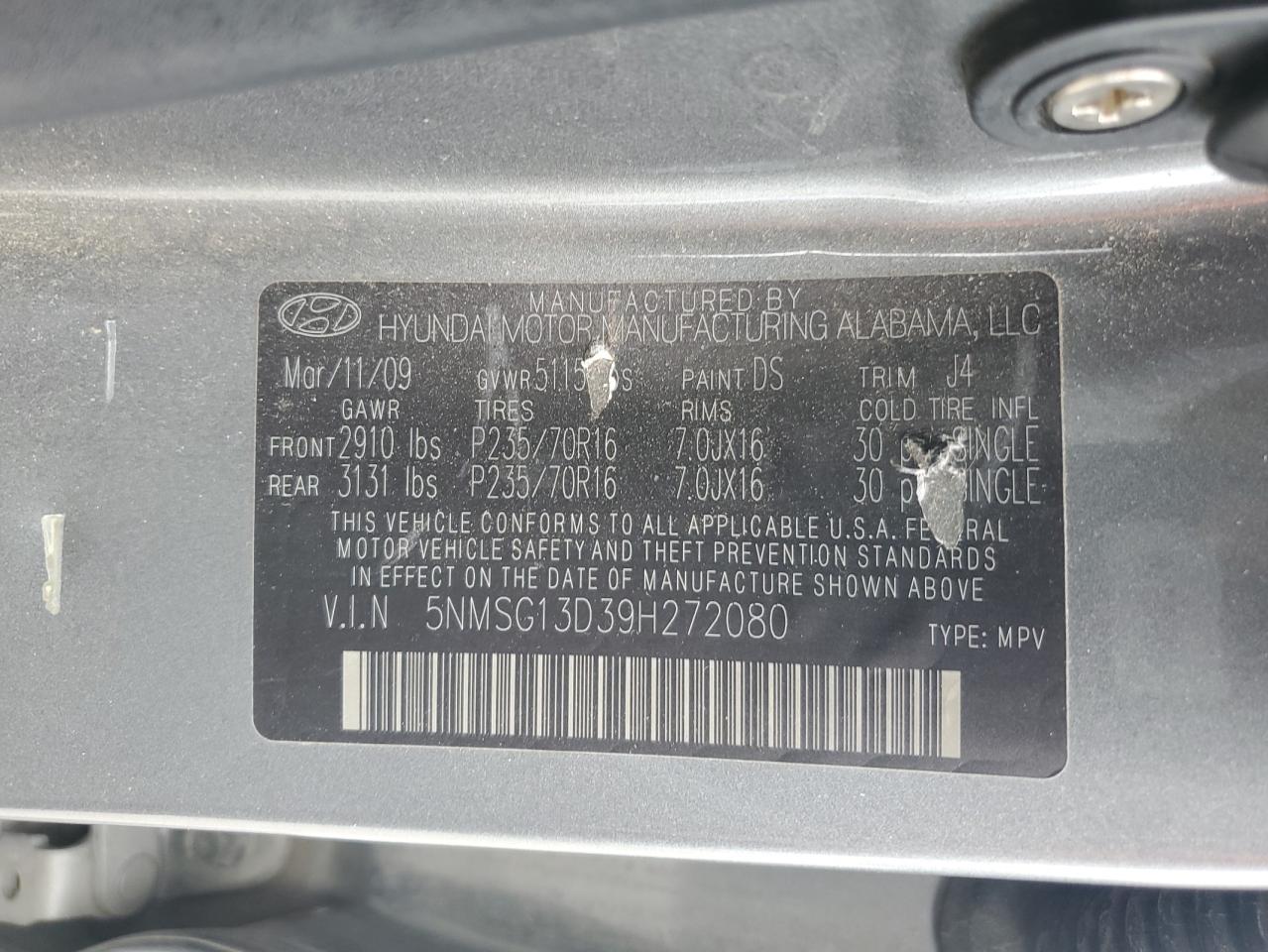 2009 Hyundai Santa Fe Gls VIN: 5NMSG13D39H272080 Lot: 81777055