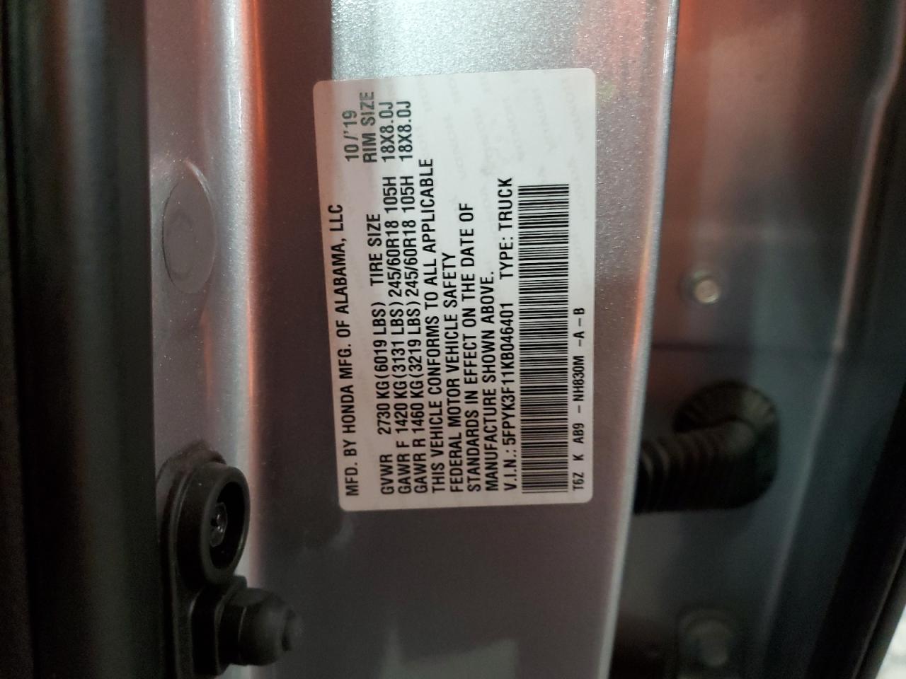 2019 Honda Ridgeline Sport VIN: 5FPYK3F11KB046401 Lot: 80984465