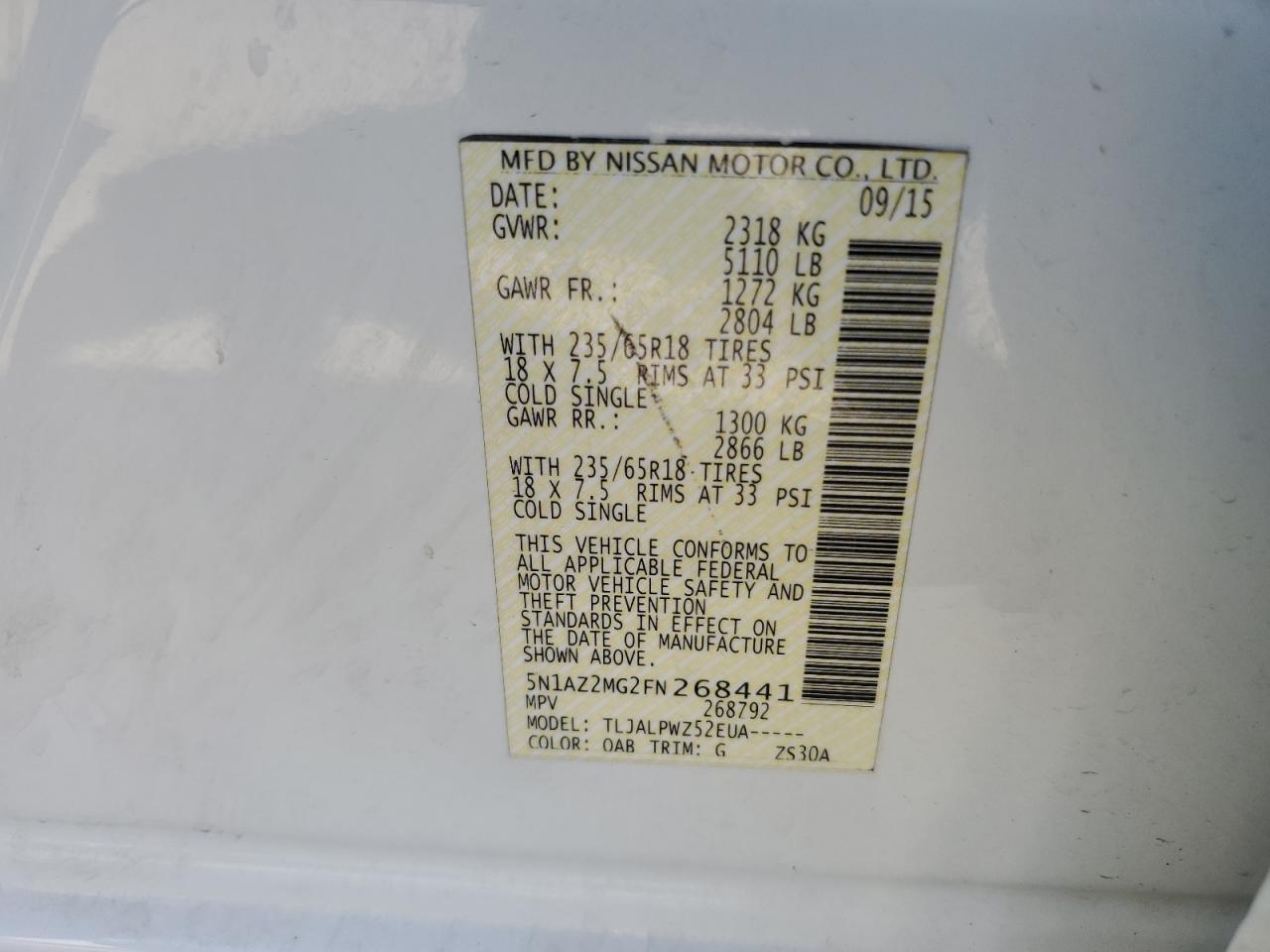 2015 Nissan Murano S VIN: 5N1AZ2MG2FN268441 Lot: 71549845